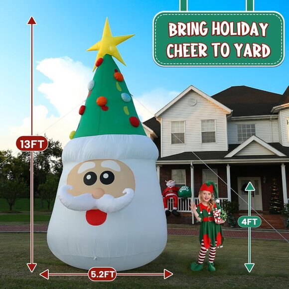 ⚡13FT Inflatable Christmas Tree with Santa Face Outdoor Decoration Party Decor - Picture 2 of 7